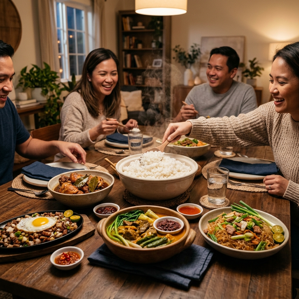 Delicious cooked rice with Filipino dishes